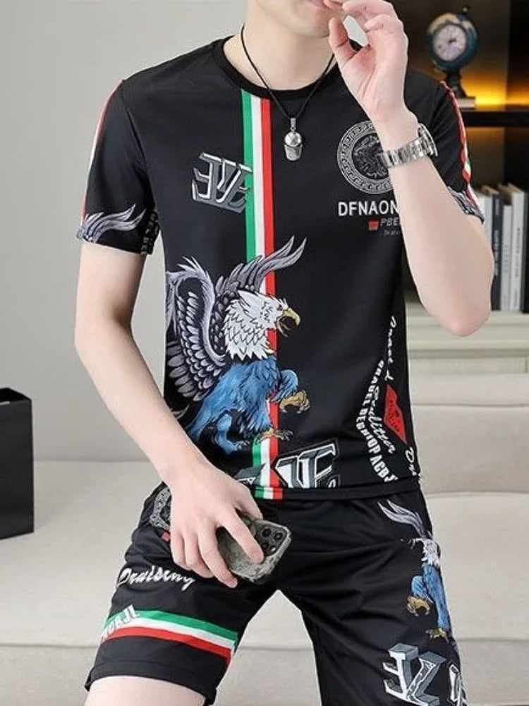 Men's Short Sleeve Shorts Trend Set Summer 2024 New Fashion Crew-neck T-shirt 3D Printed Casual Sports Two-piece Set