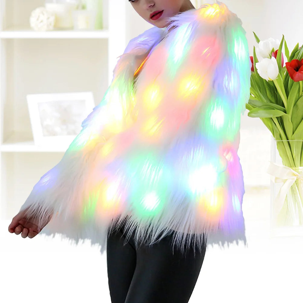 Women Artificial Fur Coat Stage Performance Costumes Christmas Cosplay Costumes led Light Coat Christmas Luminous Jacket Outwear