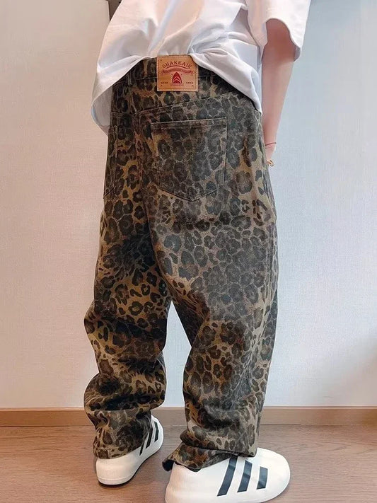 HOUZHOU Tan Leopard Jeans Men Oversize Wide Leg Streetwear